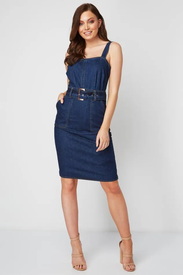 Indigo Denim Belted Dress With Pockets Women Roman Dresses