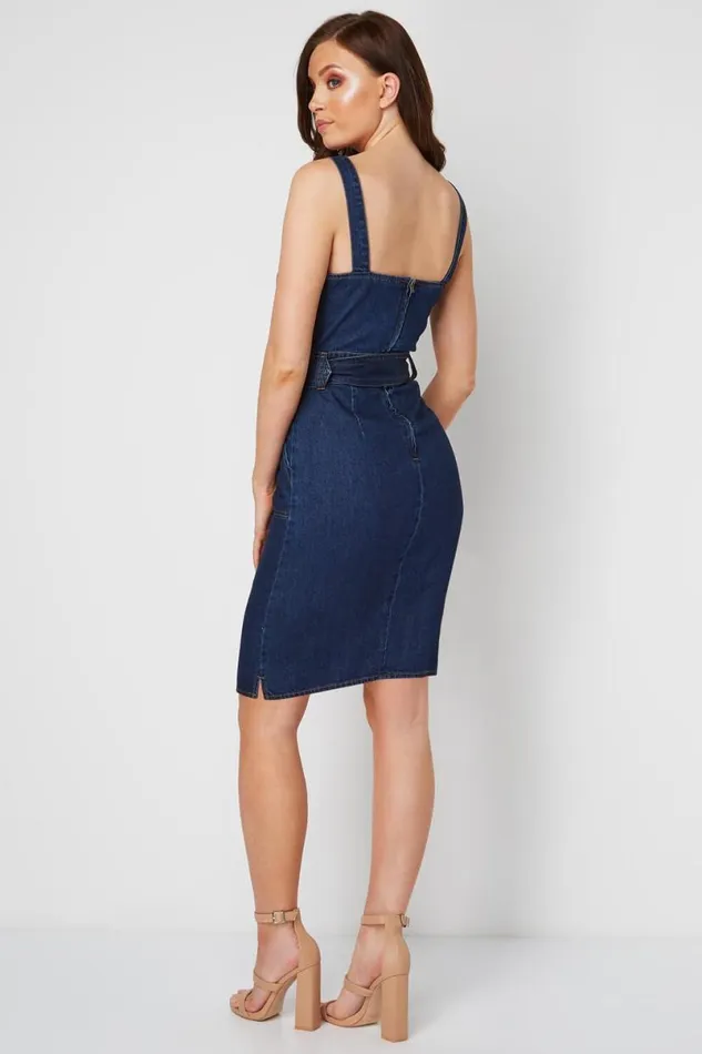 Indigo Denim Belted Dress With Pockets Women Roman Dresses