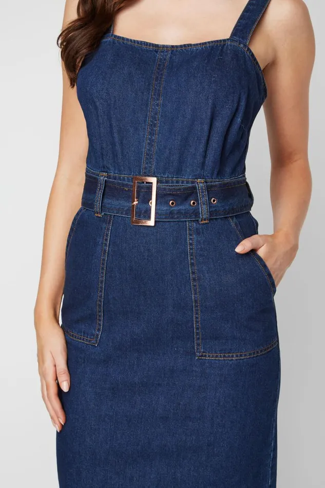 Indigo Denim Belted Dress With Pockets Women Roman Dresses