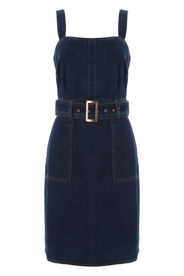 Indigo Denim Belted Dress With Pockets Women Roman Dresses