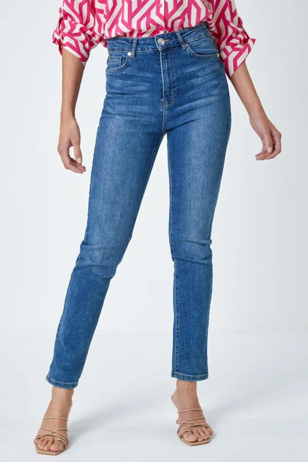 Indigo Slim Leg Stretch Mom Jeans Women Roman Trousers