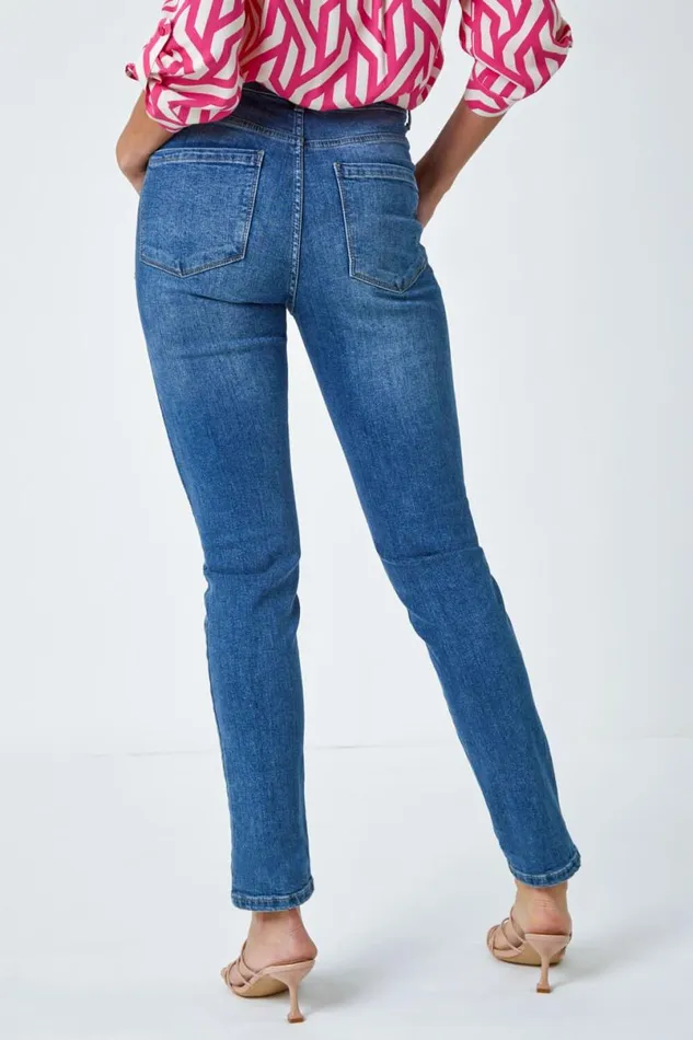 Indigo Slim Leg Stretch Mom Jeans Women Roman Trousers