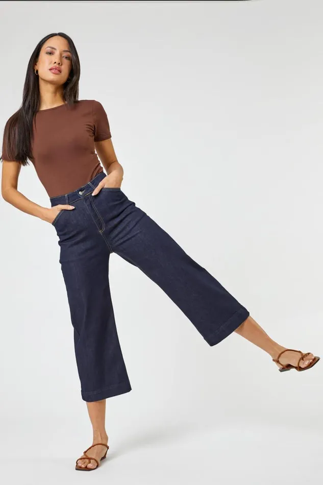 Indigo Wide Leg Stretch Cropped Denim Culottes Women Roman Coords