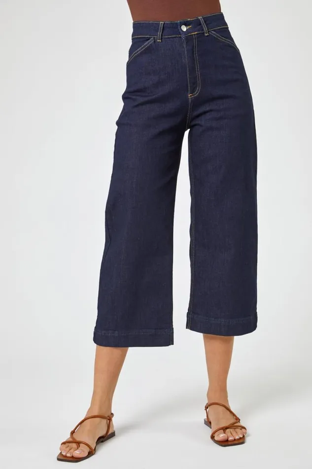 Indigo Wide Leg Stretch Cropped Denim Culottes Women Roman Coords