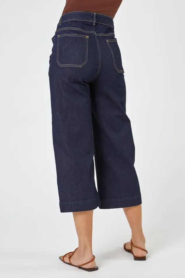 Indigo Wide Leg Stretch Cropped Denim Culottes Women Roman Coords