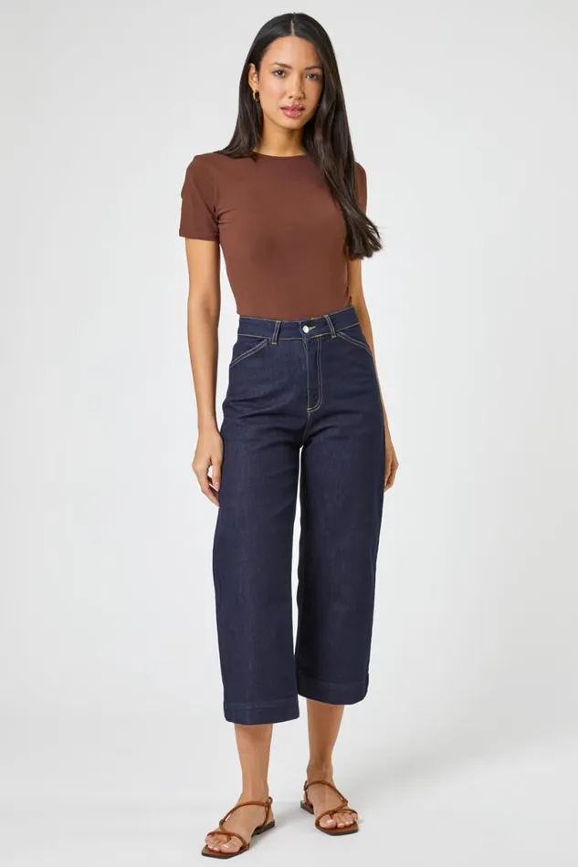 Indigo Wide Leg Stretch Cropped Denim Culottes Women Roman Coords