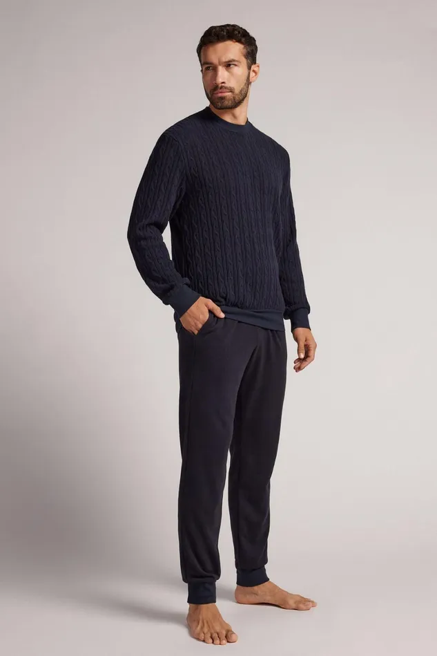 Intimissimi Long Pajamas Men Cable Motif Tricot Full Length Pajamas Blue 800 8211 Blu Notte