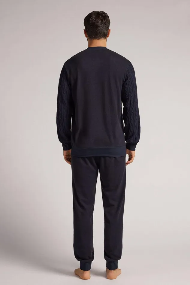 Intimissimi Long Pajamas Men Cable Motif Tricot Full Length Pajamas Blue 800 8211 Blu Notte