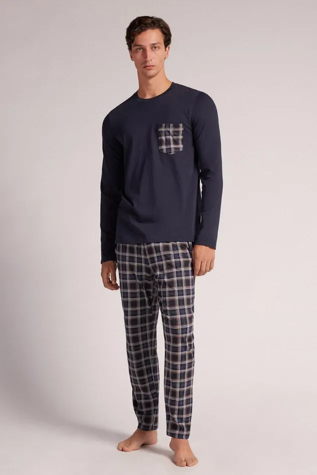 Intimissimi Long Pajamas Men Check Print Cotton Full Length Pajamas Blue 800 8211 Blu Notte