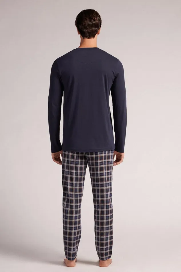 Intimissimi Long Pajamas Men Check Print Cotton Full Length Pajamas Blue 800 8211 Blu Notte