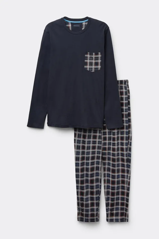 Intimissimi Long Pajamas Men Check Print Cotton Full Length Pajamas Blue 800 8211 Blu Notte
