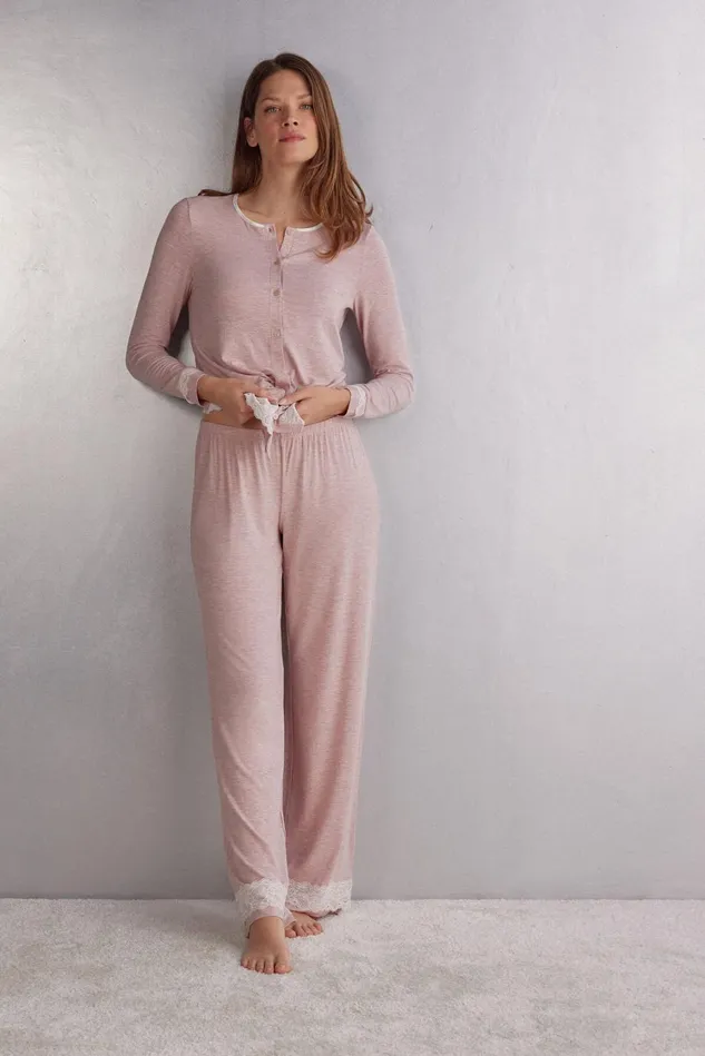 Intimissimi Long Pajamas Women Lace Trim Full Length Pants In Modal Pale Pink 008j 8211 Heathered Light Pink
