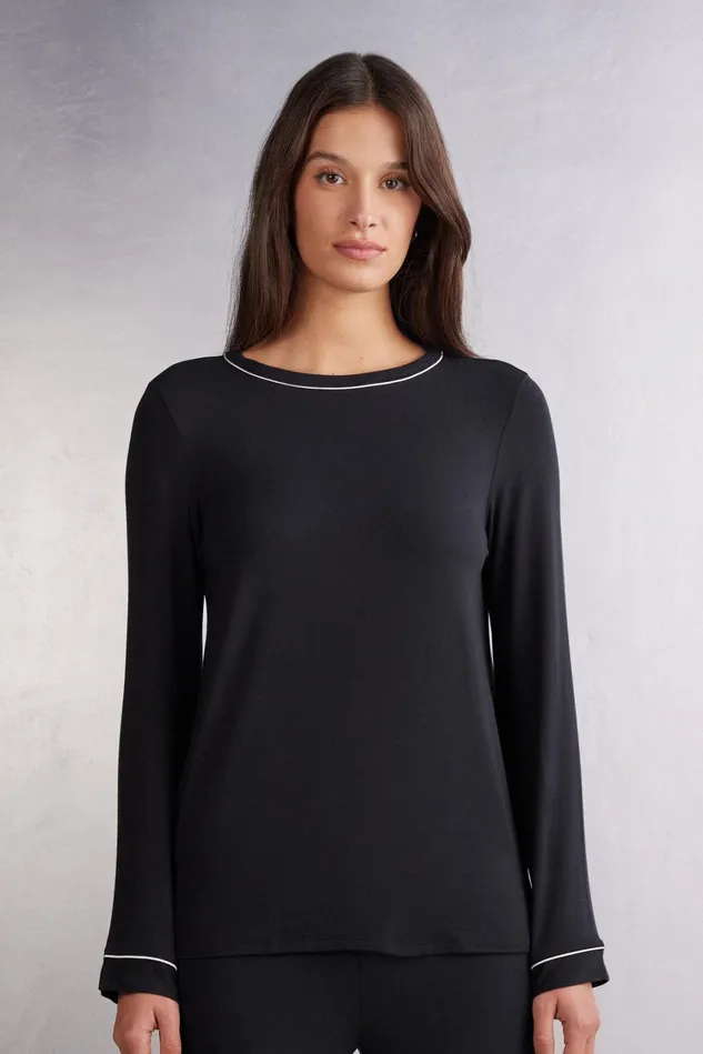 Intimissimi Long Pajamas Women Long Sleeve Modal Top Black 019 8211 Black