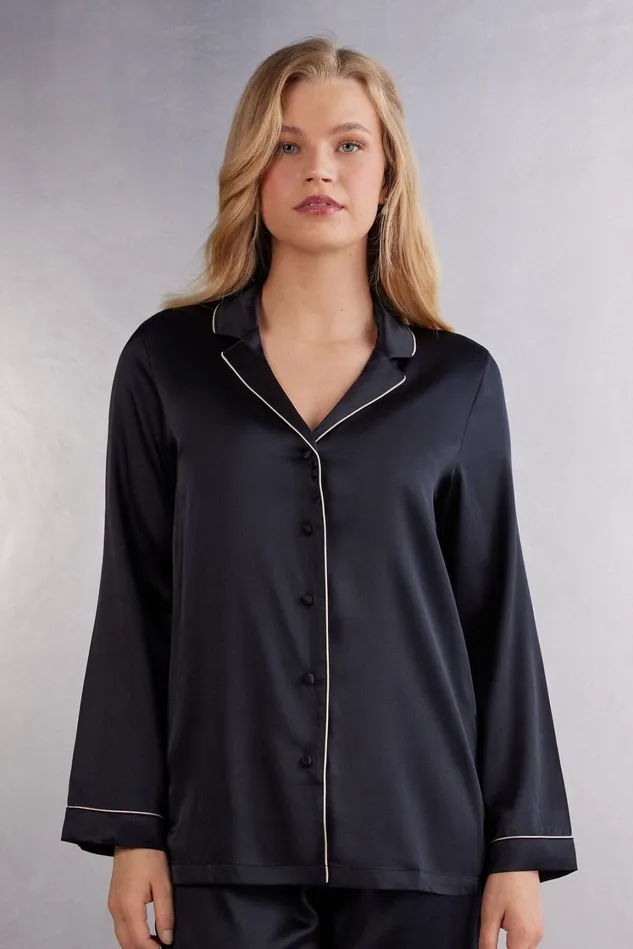 Intimissimi Long Pajamas Women Swear Cut Silk Jacket Black 019 8211 Black
