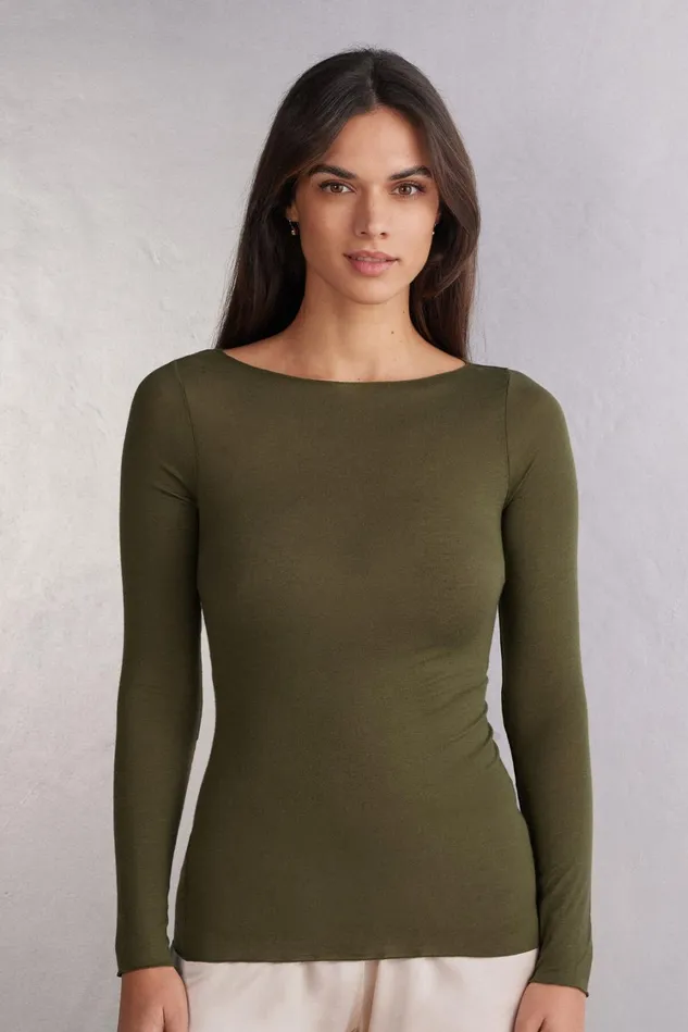 Intimissimi Long Sleeve Tops Women Boat Neck Modal Cashmere Ultralight Top Green 848j 8211 Bamboo Green