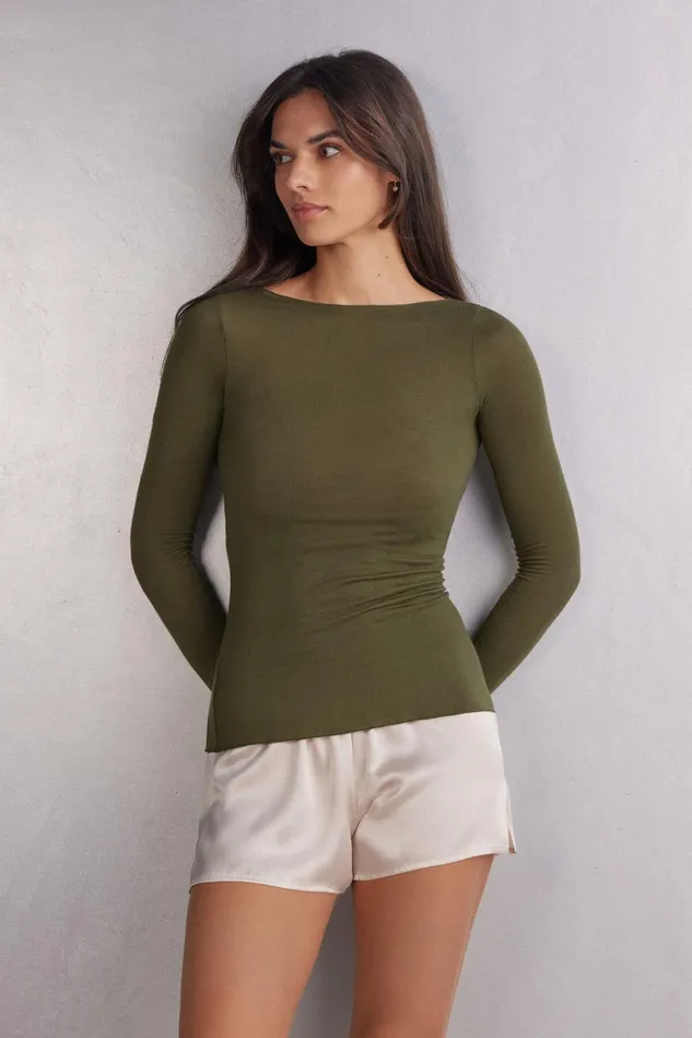 Intimissimi Long Sleeve Tops Women Boat Neck Modal Cashmere Ultralight Top Green 848j 8211 Bamboo Green