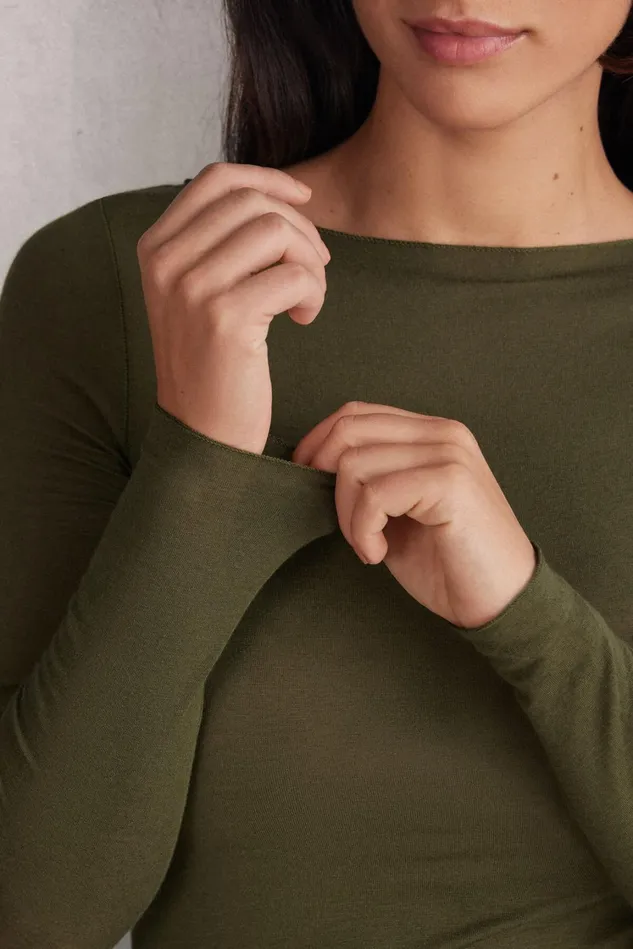 Intimissimi Long Sleeve Tops Women Boat Neck Modal Cashmere Ultralight Top Green 848j 8211 Bamboo Green