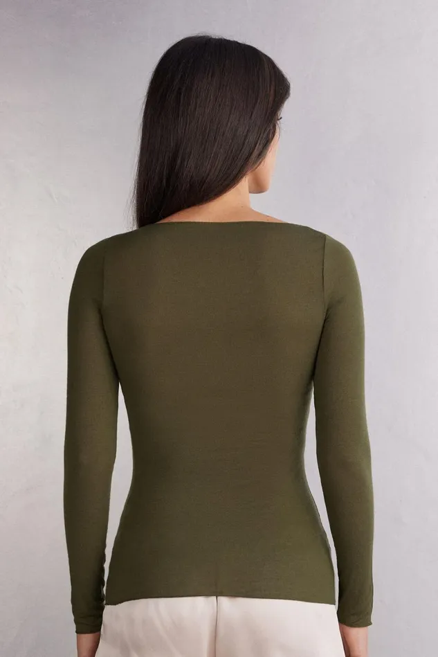 Intimissimi Long Sleeve Tops Women Boat Neck Modal Cashmere Ultralight Top Green 848j 8211 Bamboo Green