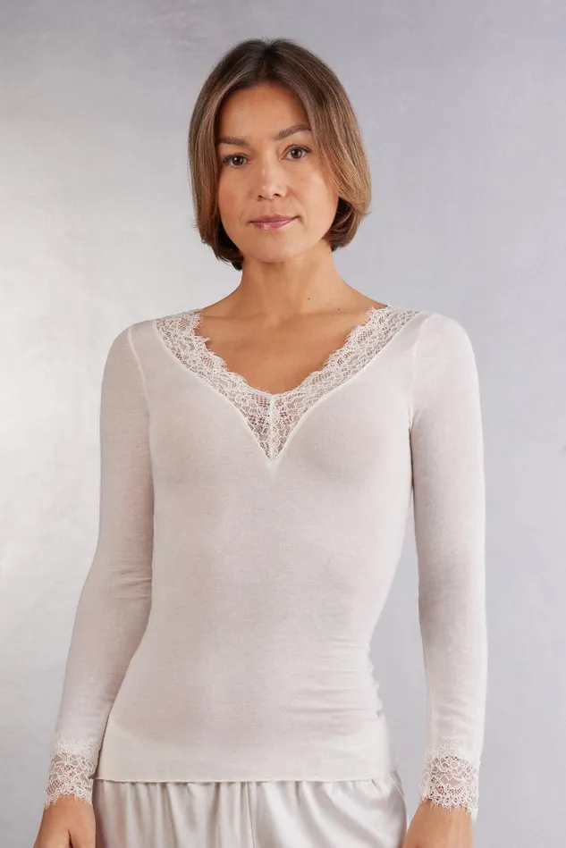 Intimissimi Long Sleeve Tops Women Modal Cashmere Ultralight Long Lace Shirt Ivory 231i 8211 Vanilla Intimissimi Long Sleeve Tops Women Modal Cashmere Ultralight Long Lace Shirt Ivory 231i 8211 Vanilla