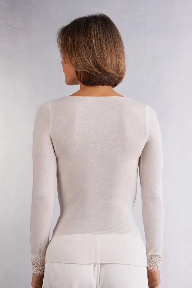 Intimissimi Long Sleeve Tops Women Modal Cashmere Ultralight Long Lace Shirt Ivory 231i 8211 Vanilla