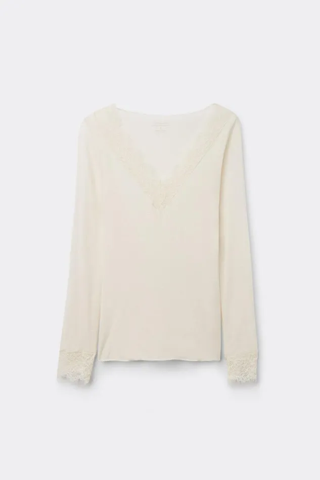 Intimissimi Long Sleeve Tops Women Modal Cashmere Ultralight Long Lace Shirt Ivory 231i 8211 Vanilla