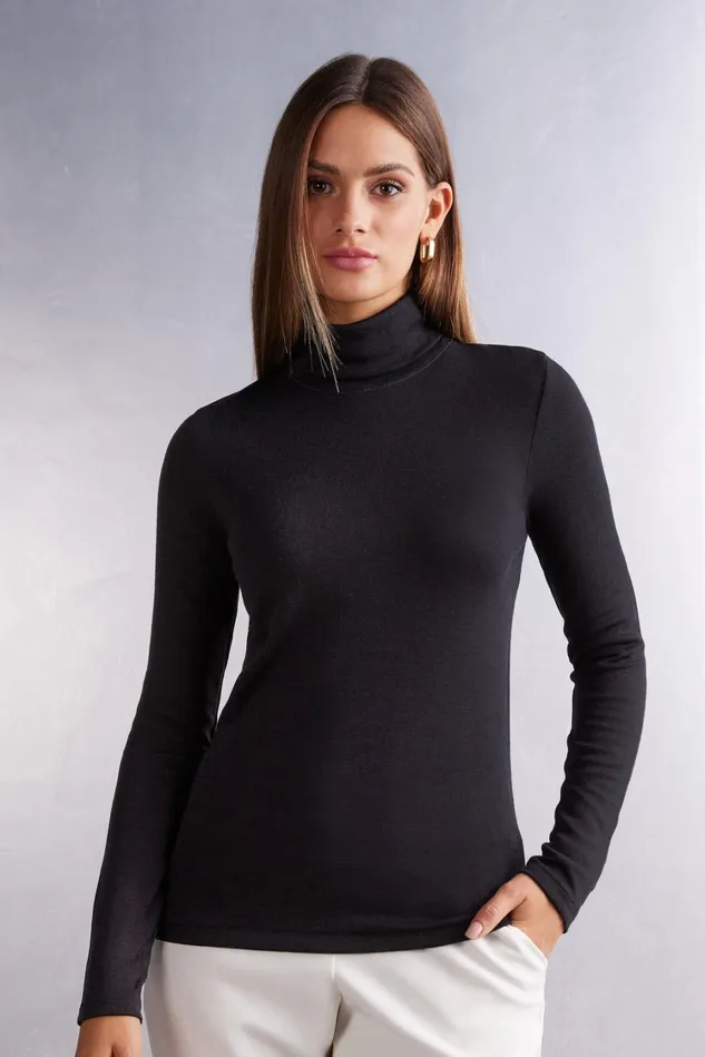 Intimissimi Long Sleeve Tops Women Wool and Cotton Long Sleeve High Collar Top Black 019 8211 Black Intimissimi Long Sleeve Tops Women Wool and Cotton Long Sleeve High Collar Top Black 019 8211 Black
