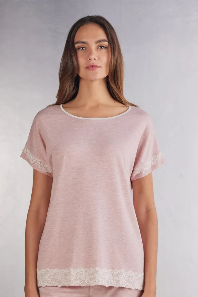 Intimissimi Short Pajamas Women ShortSleeve Modal Top With Lace Detail Pale Pink 008j 8211 Heathered Light Pink Intimissimi Short Pajamas Women ShortSleeve Modal Top With Lace Detail Pale Pink 008j 8211 Heathered Light Pink