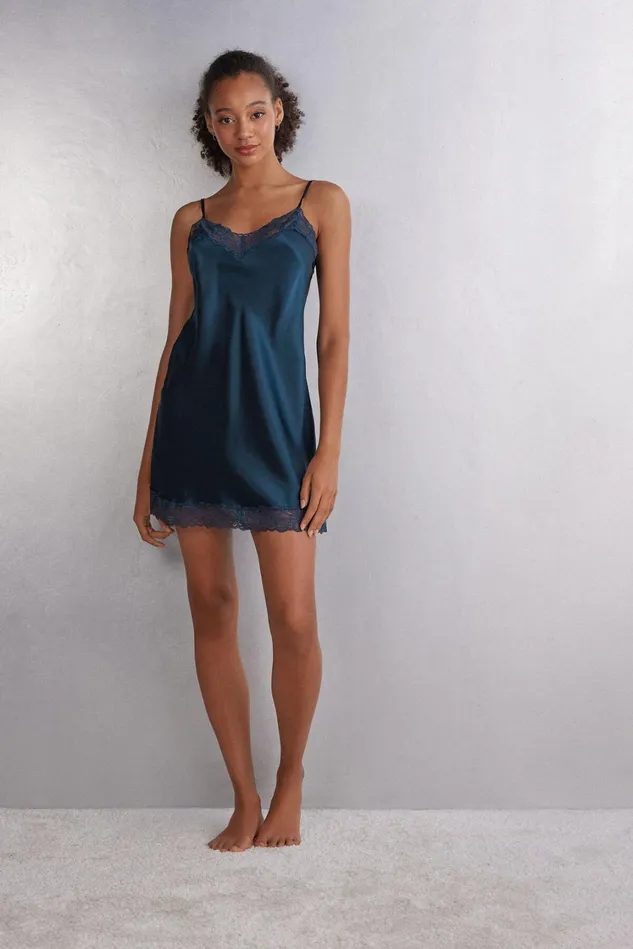 Intimissimi Slips Babydolls Women Silk Slip With Lace Insert Detail Blue 1467 8211 Intense Blue