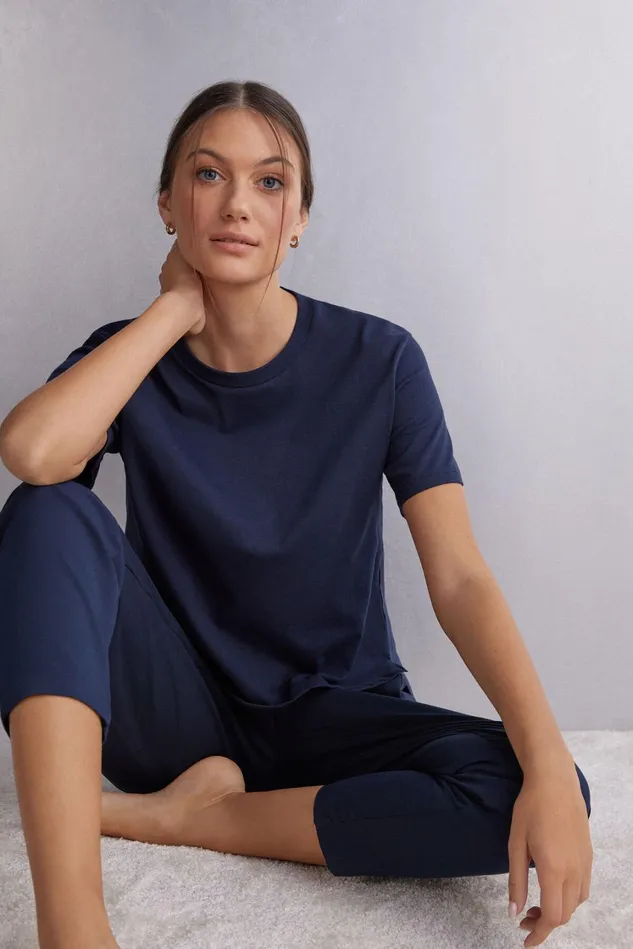 Intimissimi TShirt Women Boxy Fit Short Sleeve Top In Cotton Blue 1467 8211 Intense Blue