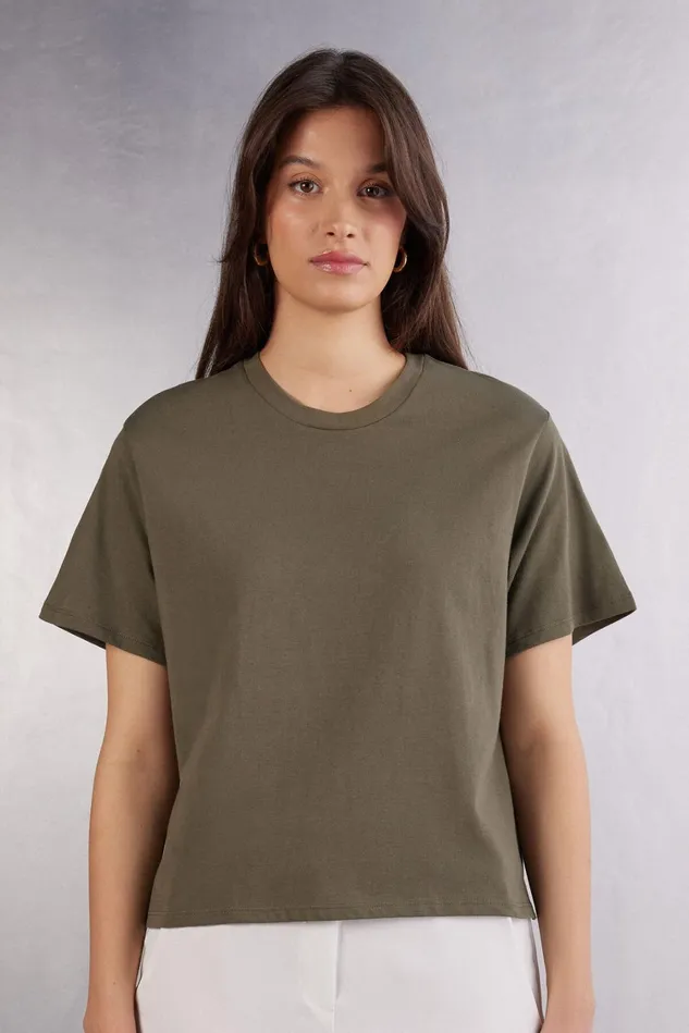Intimissimi TShirt Women Boxy Fit Short Sleeve Top In Cotton Brown 660j 8211 Safari Green Intimissimi TShirt Women Boxy Fit Short Sleeve Top In Cotton Brown 660j 8211 Safari Green