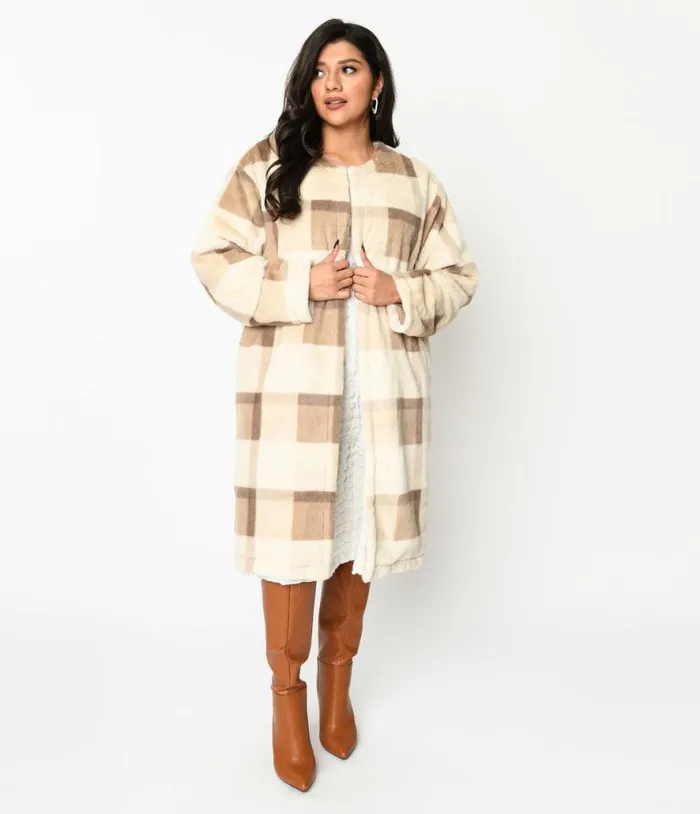 Ivory and Tan Plaid Faux Fur Long Cardigan ClothingPlus Unique Vintage Jackets