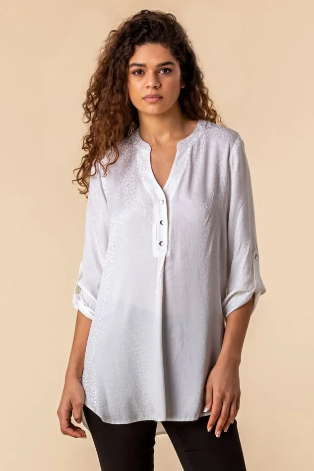 Ivory Animal Jacquard Print Button Top Women Roman Tops