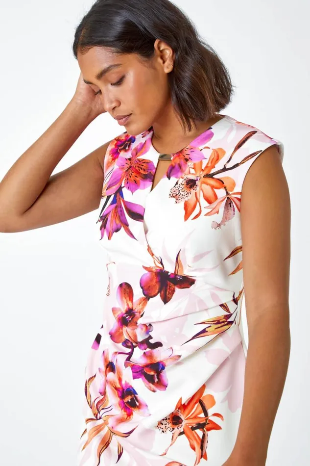 Ivory Floral Print Ruched Shift Bodycon Wrap Dress Women Roman Dresses