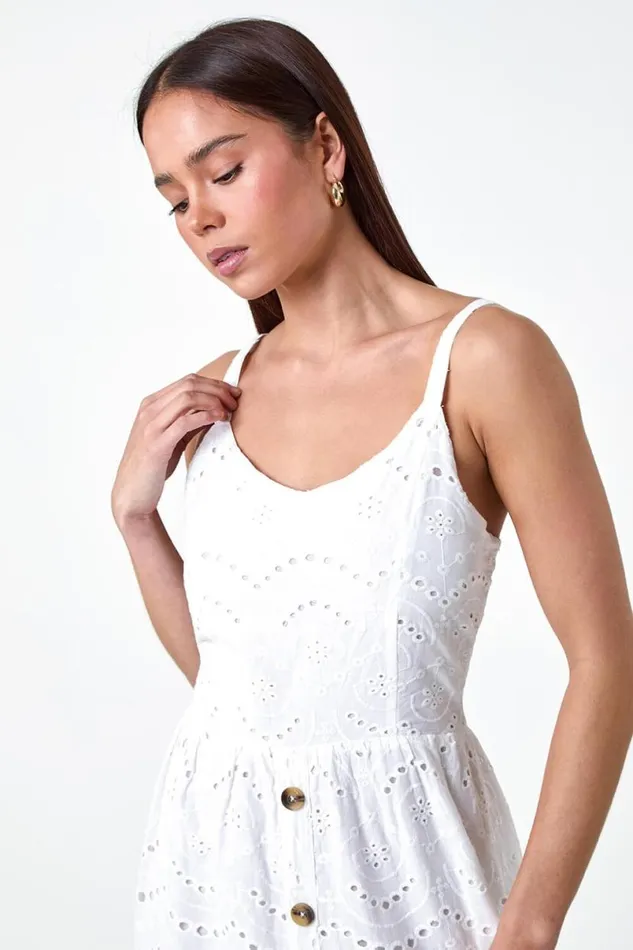 Ivory Petite Cotton Broderie Button Dress Women Roman Dresses