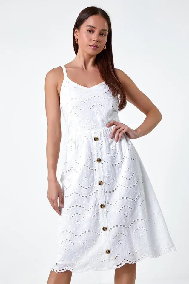 Ivory Petite Cotton Broderie Button Dress Women Roman Dresses