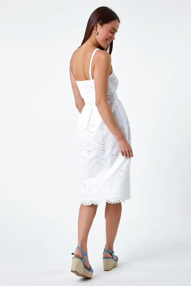 Ivory Petite Cotton Broderie Button Dress Women Roman Dresses