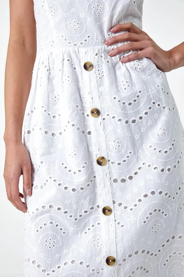 Ivory Petite Cotton Broderie Button Dress Women Roman Dresses
