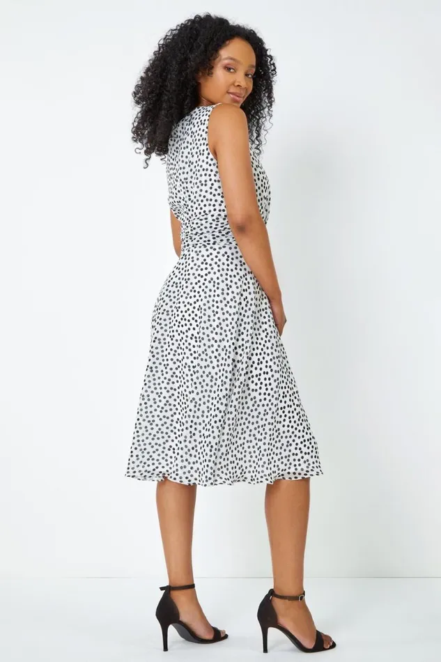 Ivory Petite Sleeveless Polka Dot Buckle Dress Women Roman Dresses