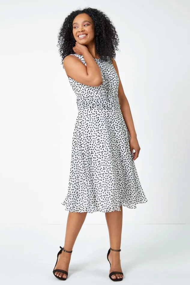 Ivory Petite Sleeveless Polka Dot Buckle Dress Women Roman Dresses