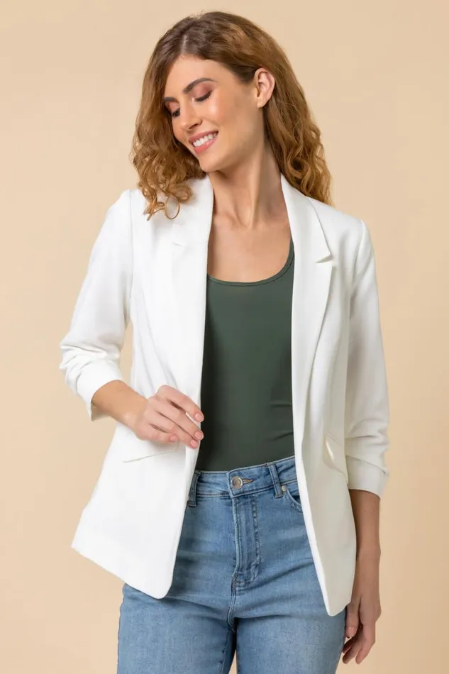 Ivory Ruched 34 Sleeve Blazer Jacket Women Roman Coords