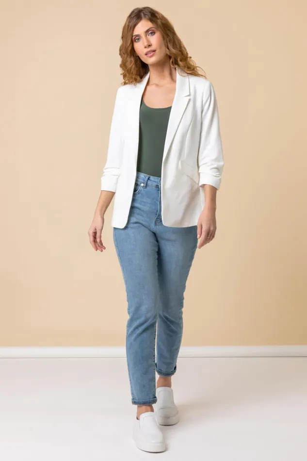 Ivory Ruched 34 Sleeve Blazer Jacket Women Roman Coords