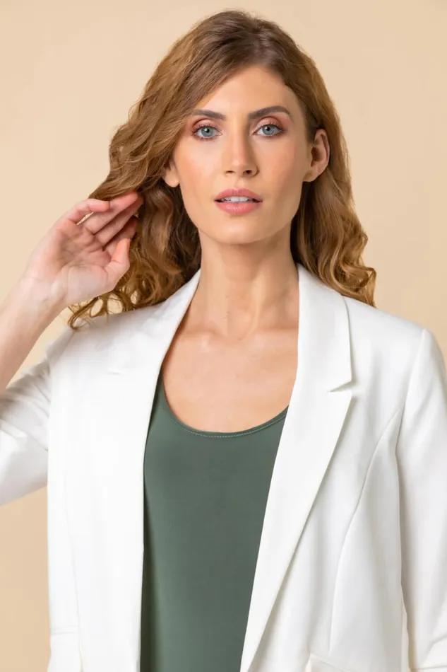 Ivory Ruched 34 Sleeve Blazer Jacket Women Roman Coords