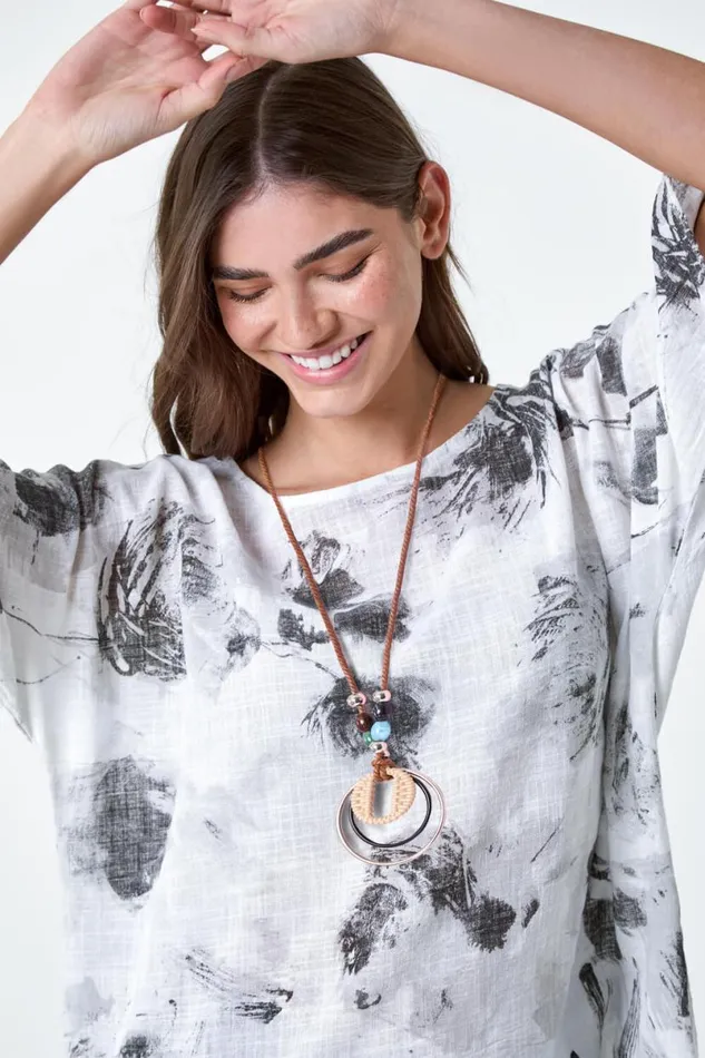 Ivory Sketchy Floral Print Cotton Top And Necklace Women Roman Tops
