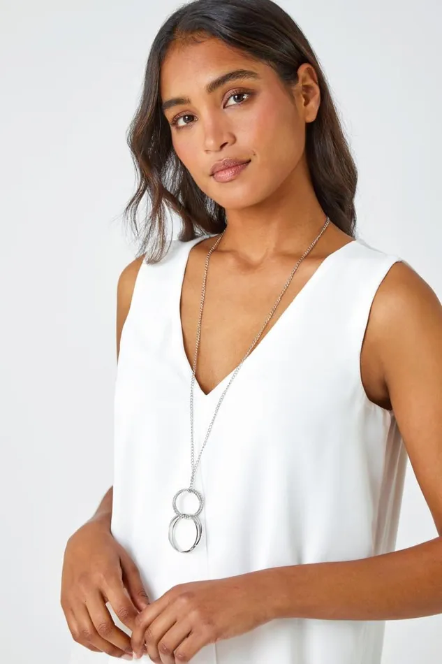 Ivory Sleeveless Vest Top With Necklace Women Roman Tops