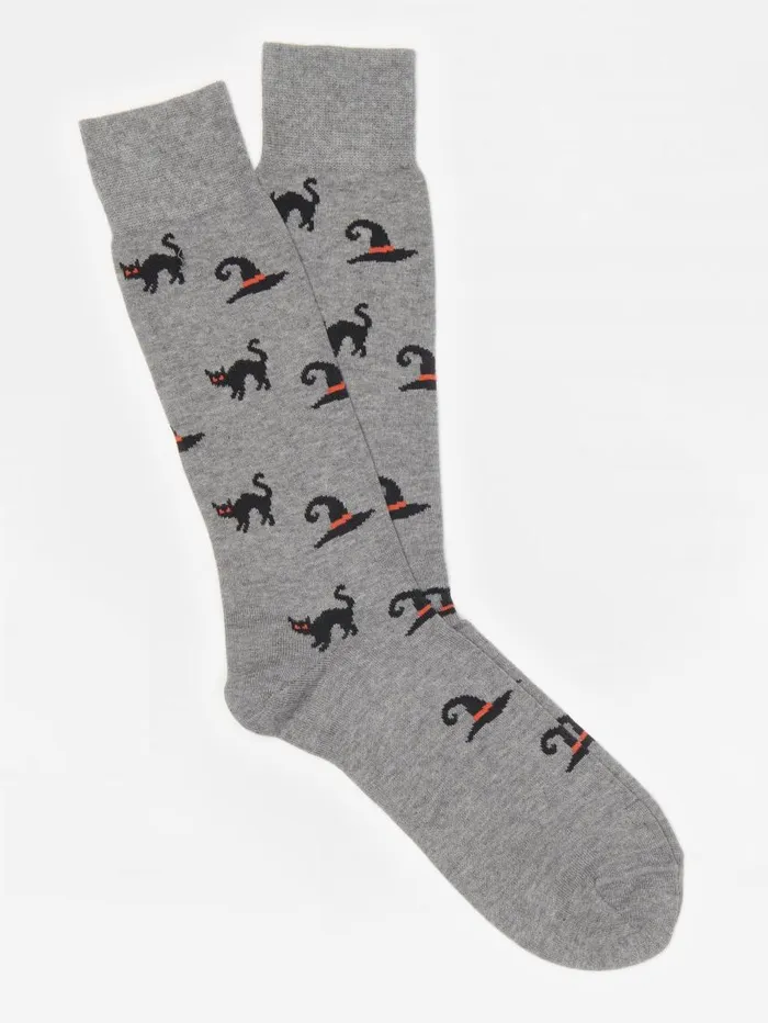 JMcLaughlin Cat And Witch Sock Grey Men Socks