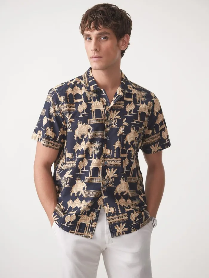 JMcLaughlin Irons Silk Blend Shirt In Desert Toile Dark Navy Men Shirts