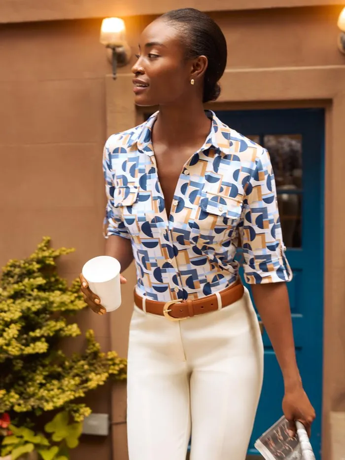 JMcLaughlin New Monroe Shirt In Mod Moons Camelbluelight Blue Women Shirts and Tops