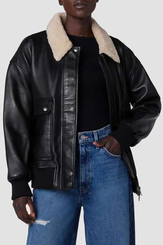 Jackets and Outerwear Women Hudson Jeans Oversized Leather Bomber Jacket Black