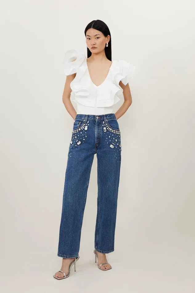 Jeans Women Karen Millen Hand Pocket Embellished Vintage Jeans Mid Wash