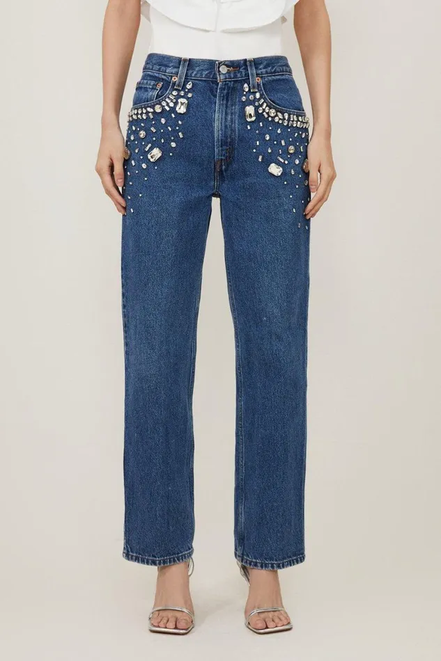 Jeans Women Karen Millen Hand Pocket Embellished Vintage Jeans Mid Wash